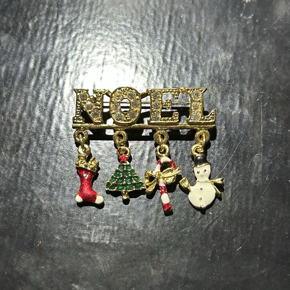 NOEL W/Dangle Charms Christmas Holiday Brooch Pin Enamel Rhinestone Gold Tone